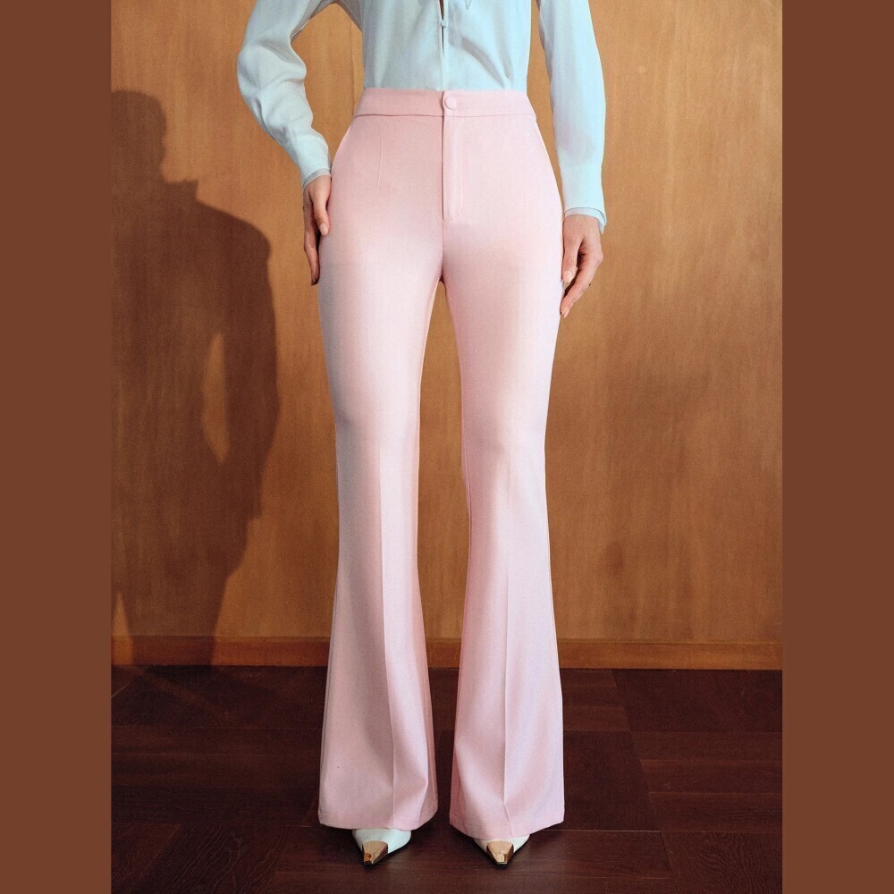 Pink High Waist Button Front Flare Skinny Leg Long Trousers
